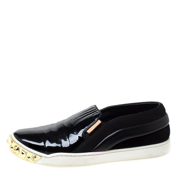 Louis Vuitton Black Patent Leather and Suede Studded Slip On Sneakers Size 36.5 - Picture 2 of 4
